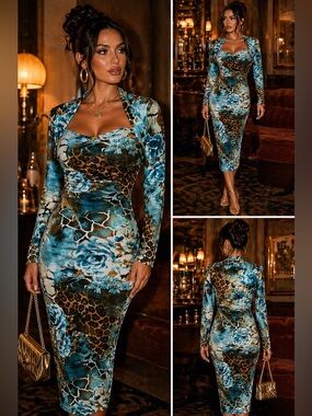 Y2K Cache Dress Size 6 Leopard Floral Ruched Faux Shrug Bodycon Midi Glam